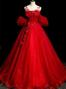 Picture of Red Color Tulle Ball Gown Off Shoulder Sweet 16 Formal Dress, Red Color Evening Gown Party Dresses